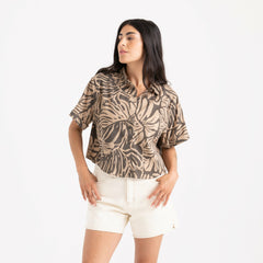 Bless Up Cropped Button Up Shirt in Khaki