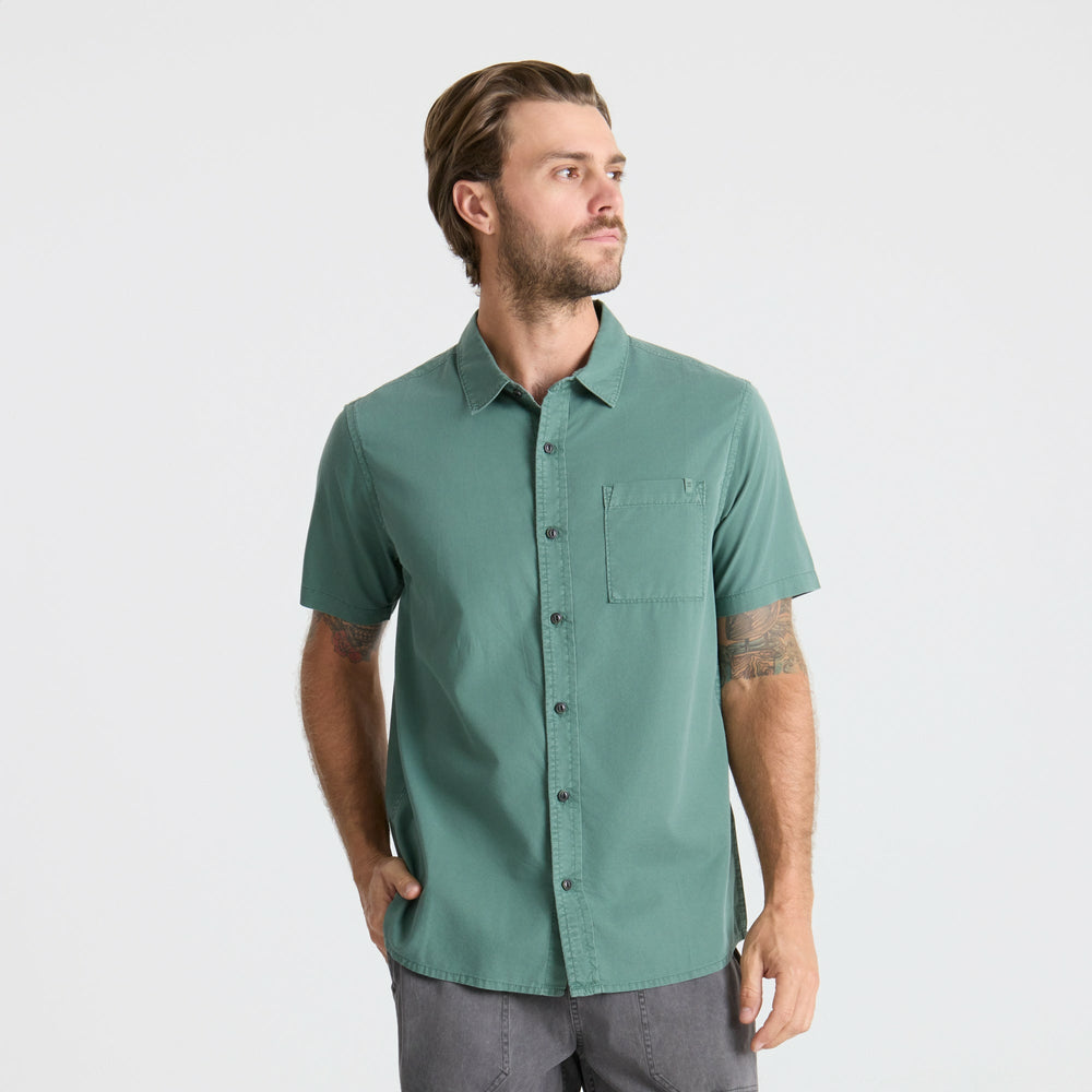Made To Fade Short Sleeve Button Up Shirt in Washed Slate Green