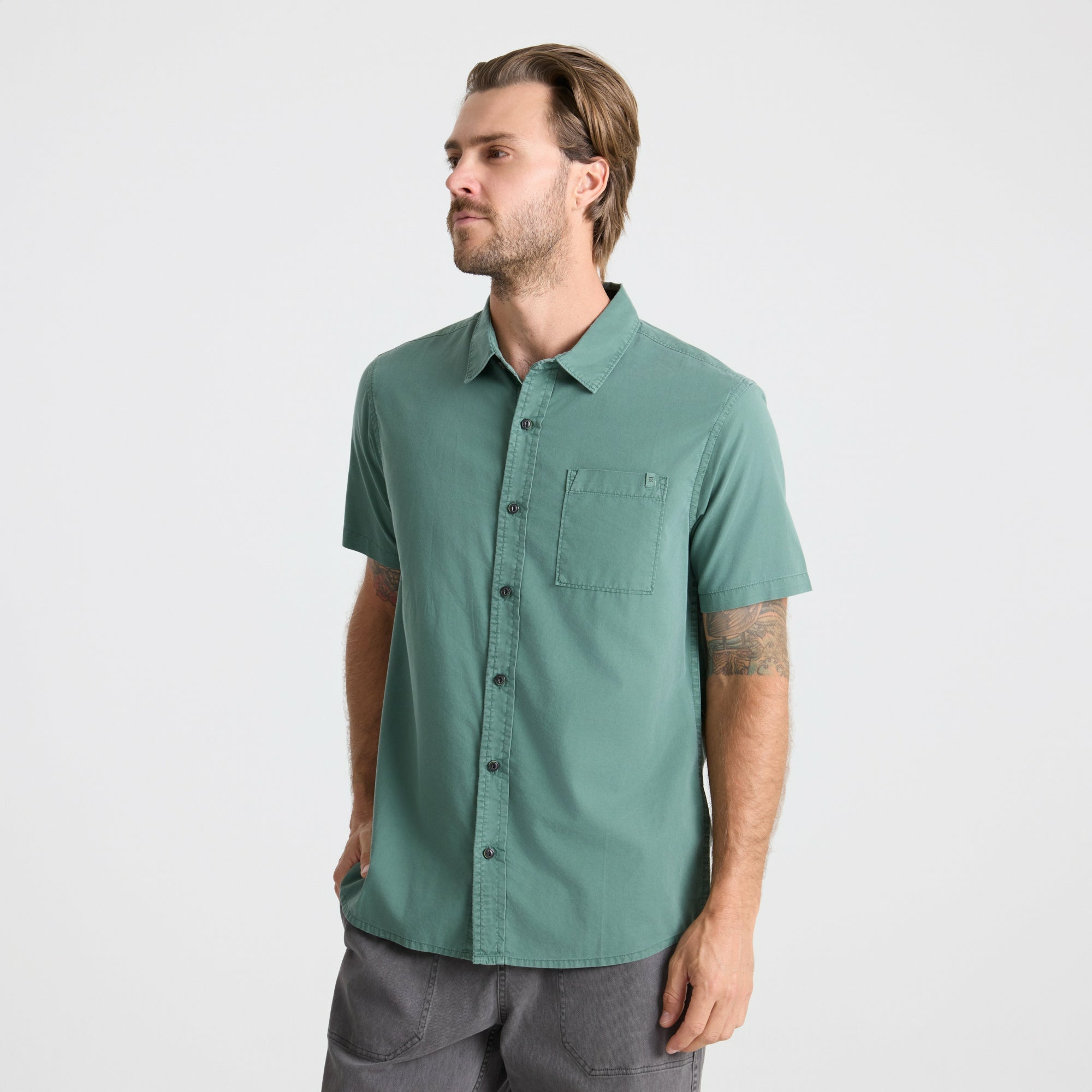 Made To Fade Short Sleeve Button Up Shirt in Washed Slate Green