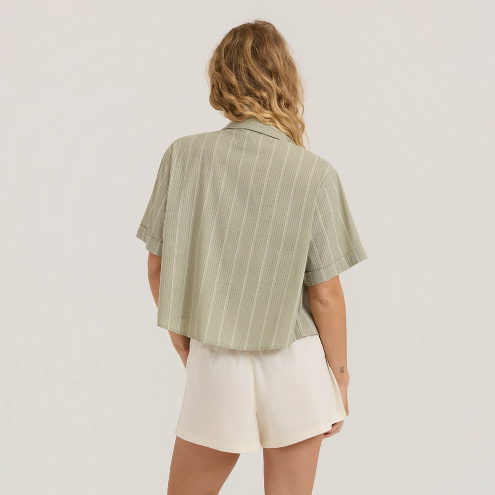 Bless Up Cropped Button Up Shirt in Sage Stripe