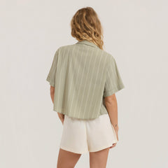 Bless Up Cropped Button Up Shirt in Sage Stripe