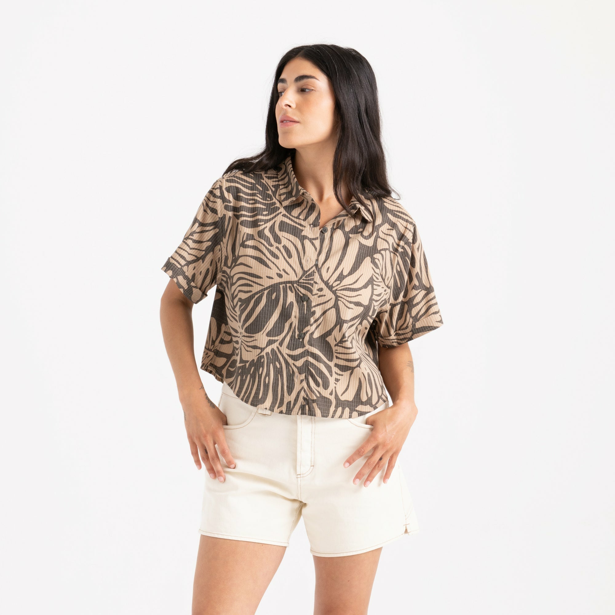 Bless Up Cropped Button Up Shirt in Khaki