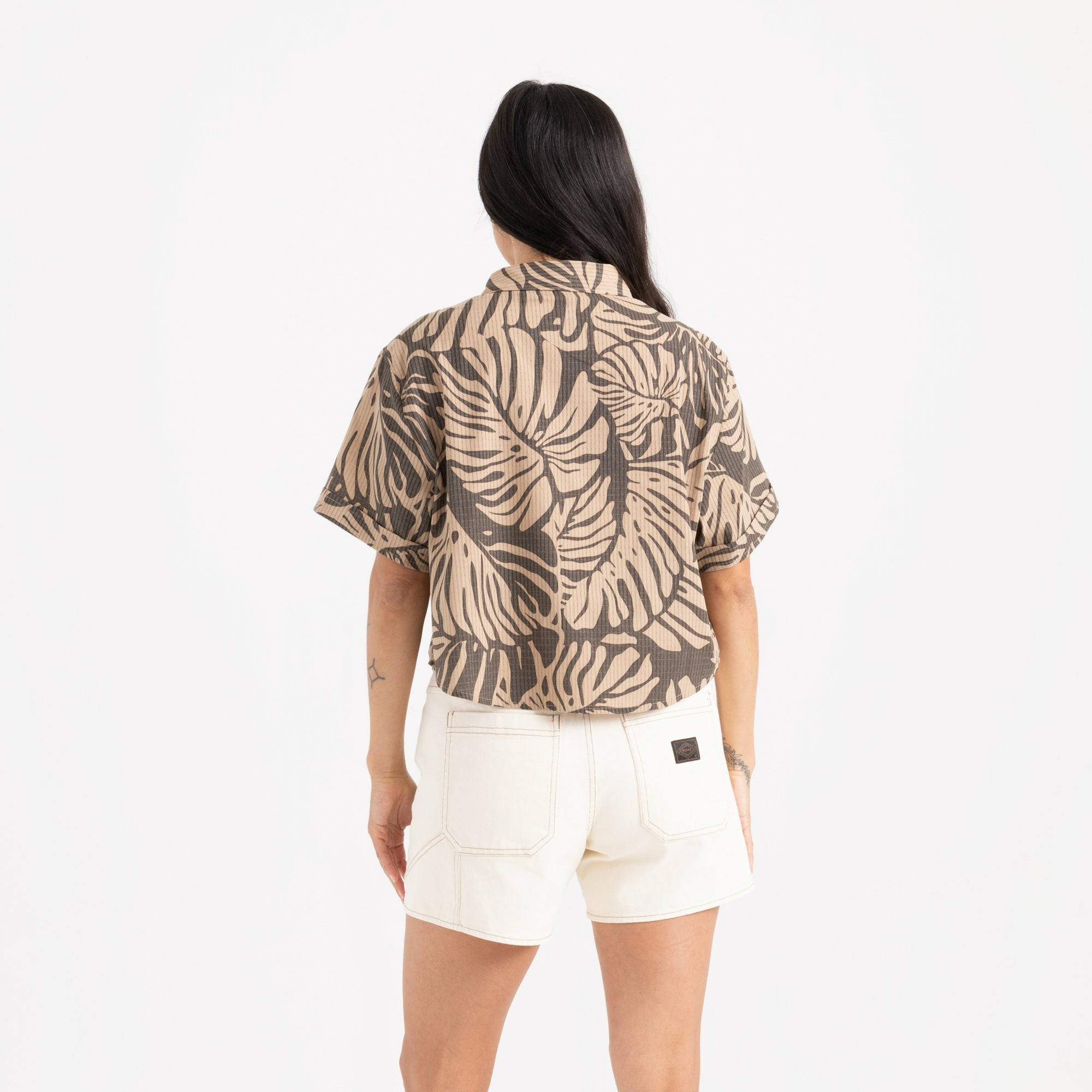Bless Up Cropped Button Up Shirt in Khaki