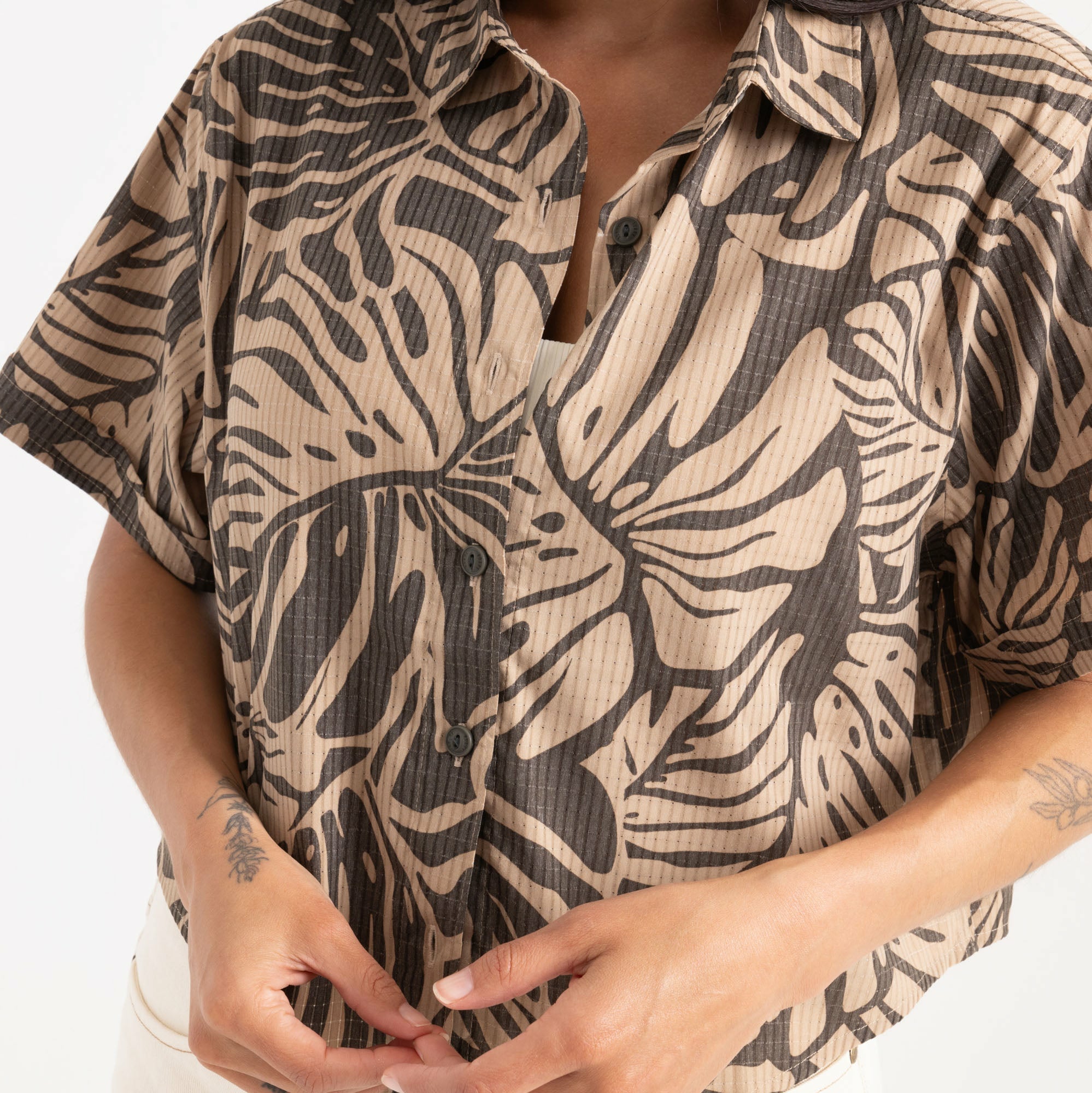 Bless Up Cropped Button Up Shirt in Khaki