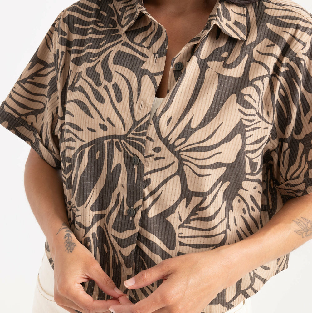 Bless Up Cropped Button Up Shirt in Khaki